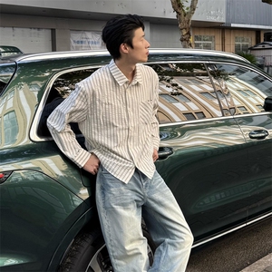 美式潮牌高街复古泡泡纱竖条纹日系肌理长袖衬衫男女休闲宽松衬衣图片