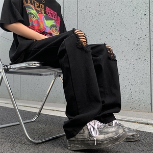 美式hiphop破洞牛仔裤男款夏季水洗微喇裤子高街潮牌62188-p40图片