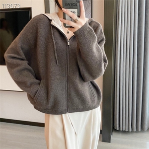 秋冬新款连帽纯山羊绒开衫女宽松慵懒风拉链双层卫衣外套帽衫图片