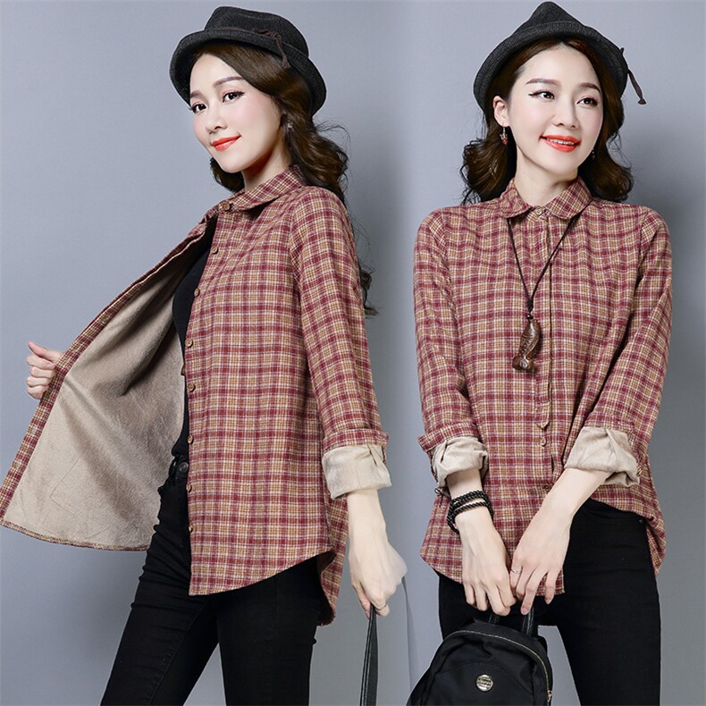 加绒格子衬衫女小个子加厚外套冬装新款保暖洋气年轻妈妈长袖衬衣，女装衬衫，风姿绰