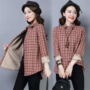 加绒格子衬衫女小个子加厚外套冬装新款保暖洋气年轻妈妈长袖衬衣，女装衬衫，风姿绰