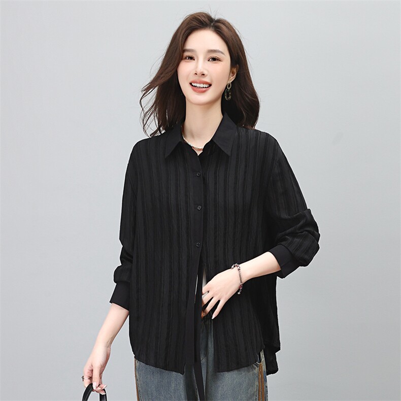 时尚百搭黑色条纹长袖衬衫女宽松显瘦气质上衣春秋季新款女装,女装衬衫,叶笙衣