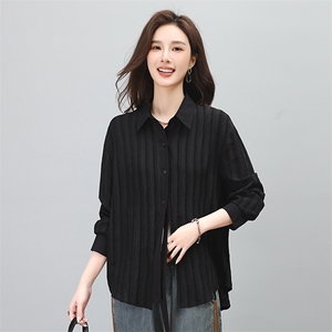 时尚百搭黑色条纹长袖衬衫女宽松显瘦气质上衣春秋季新款女装图片