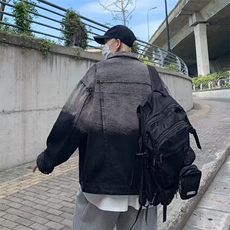 春季新款美式男夹克灰拼黑渐变复古牛仔外套W100P55，男装夹克，星座1116-2