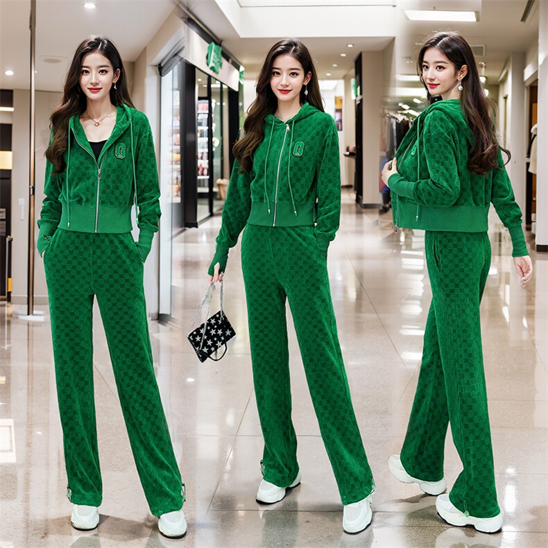 雪尼尔休闲运动服套装女2024新款棋盘格连帽阔腿裤两件套,女装套装/套裙,火爆靓佳人