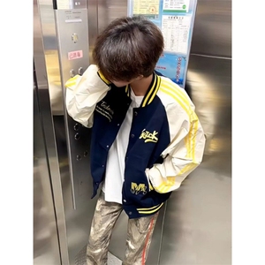 美式复古条纹刺绣棒球服男网红新款潮宽松撞色拼接外套飞行夹克图片