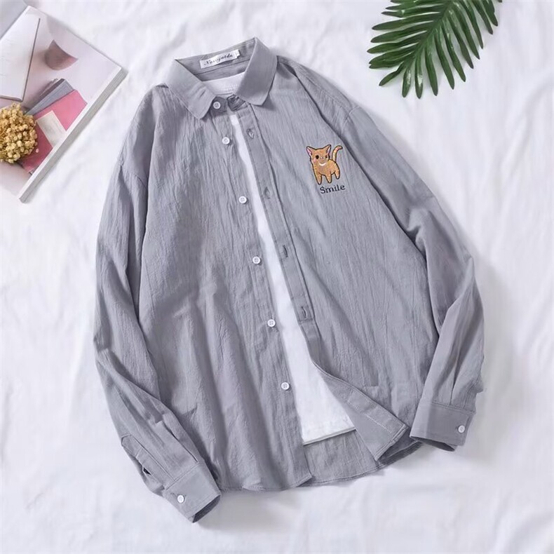 小猫咪刺绣春秋季衬衫男长袖衬衣潮流韩版港风休闲外套LS923P32，男装衬衫，星座1013-5