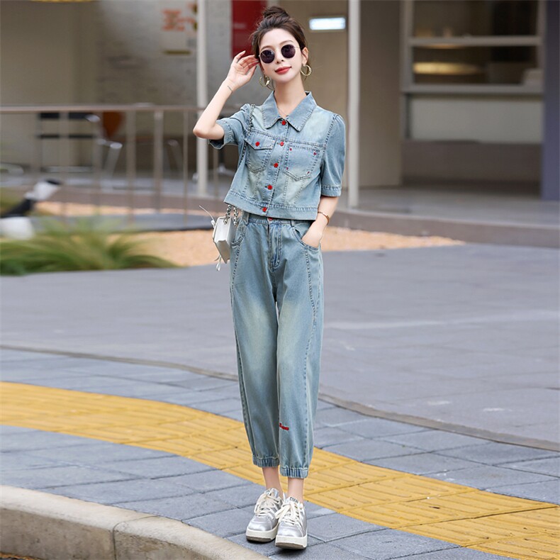 港风复古休闲牛仔套装女2025夏季新款气质减龄洋气时尚修身两件套,女装套装/套裙,意芙