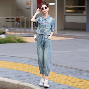 港风复古休闲牛仔套装女2025夏季新款气质减龄洋气时尚修身两件套图片