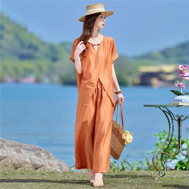 2026年夏季时尚天丝V领宽松阔腿裤裙裤套装两件套女,女装套装/套裙,依路服饰