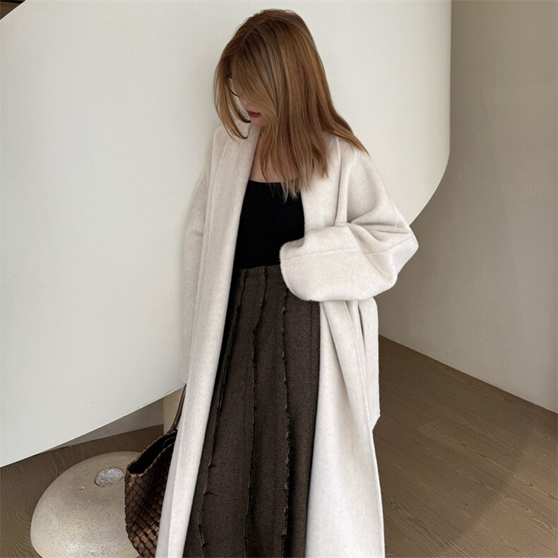 2025年夏季新款百搭女士长袖系带长袖长款大衣，女装双面呢大衣，蒙绒特