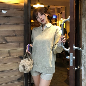 重磅北极绒假两件衬衫领毛衣美式高街复古休闲慵懒纯色翻领针织衫图片