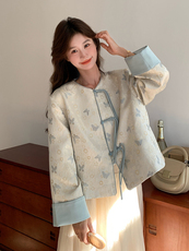 新中式蓝色蝴蝶提花开春外套女2025春季新款国风爆款改良唐装上衣，女装短外套，C位