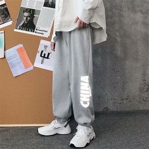 夏款灰色休闲卫裤男宽松直筒束脚九分运动反光字母裤子K854-P25图片