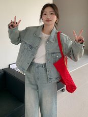 浅蓝色复古牛仔套装女2025春新款甜酷风时尚外套七分阔腿裤两件套，女装套装/套裙，浙宝305