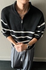 新款老钱风立领针织衫条纹毛衣男款撞色拉链打底衫外套MK77-P45，男装T恤，星座610B-1