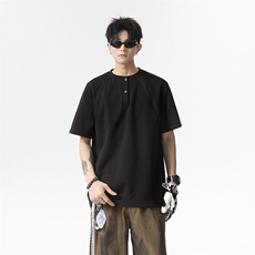 2025夏季新款港风日系纯色亨利领短袖T恤男潮XZ213-TX15-P35控58，男装T恤，星座213