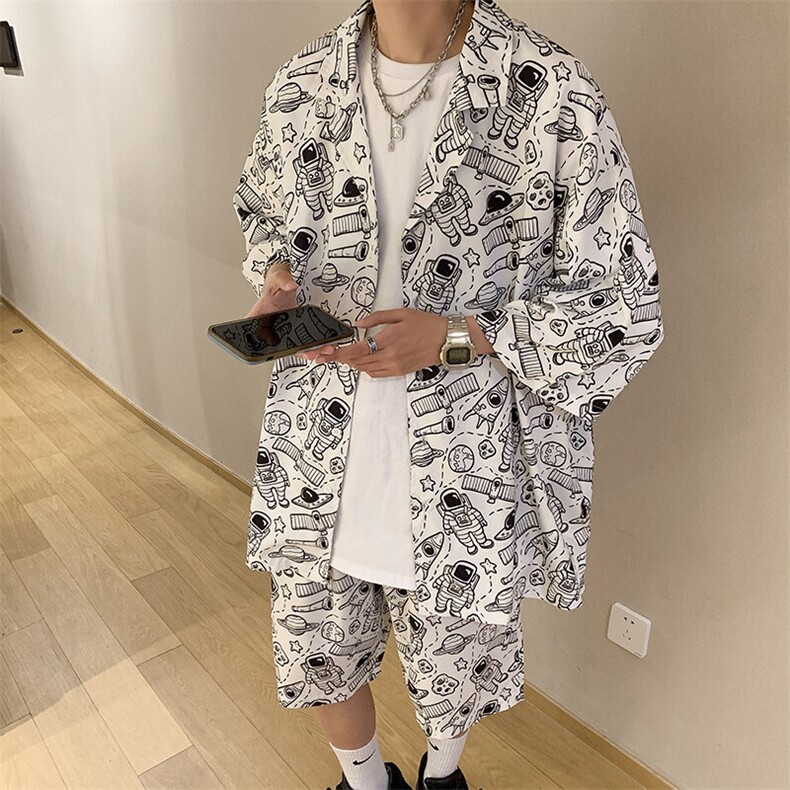 特P45控88-夏装冰丝短袖衬衫短裤休闲套装男生沙滩裤两件套XTZ226图片