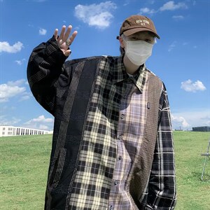 复古拼接格子ins长袖衬衫男女秋季新款设计感衬衣外套JY8216-p46图片