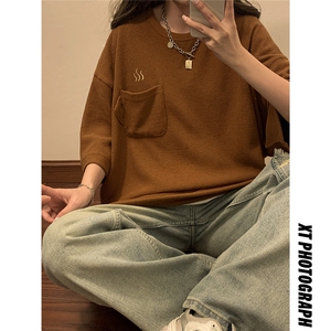 中性风华夫格短袖T恤男大码泡茶设计刺绣T恤男DT8763P40控59图片