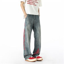 斜杠三条纹红黑撞色拼接显瘦微喇牛仔裤XZ201-S7096P48，男装牛仔裤，星座201