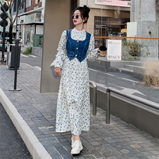 春季新款碎花牛仔拼接泡泡袖长连衣裙，女装连衣裙，来米儿