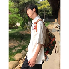夏季新款蜡笔涂鸦手绘领带短袖衬衫男款日系宽松休闲情侣小众衬衣，男装T恤，星座601-1