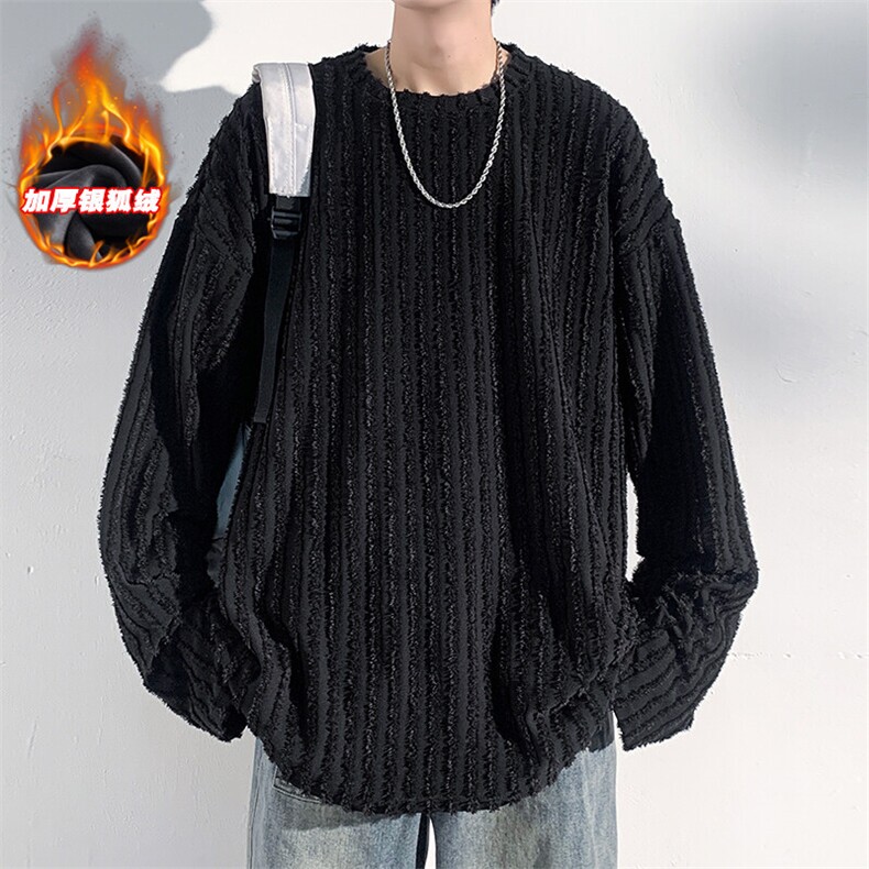 薄款改加绒冬新银狐绒毛边卫衣男加厚时尚宽松上衣W334J加绒-P65,男装T恤,电商A001-1
