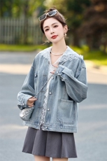 蕾丝拼接连帽牛仔外套女2025早春新款韩版设计感宽松百搭爆款上衣，女装短外套，韩然一族