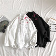 21秋装口红印花长袖衬衫男情侣潮流休闲衬衣CS20P45，男装衬衫，电商C323
