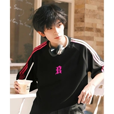 抖音得物品质二开240克宽松纯棉美式潮牌印花三条杠中性风短袖T恤，男装T恤，电商A486