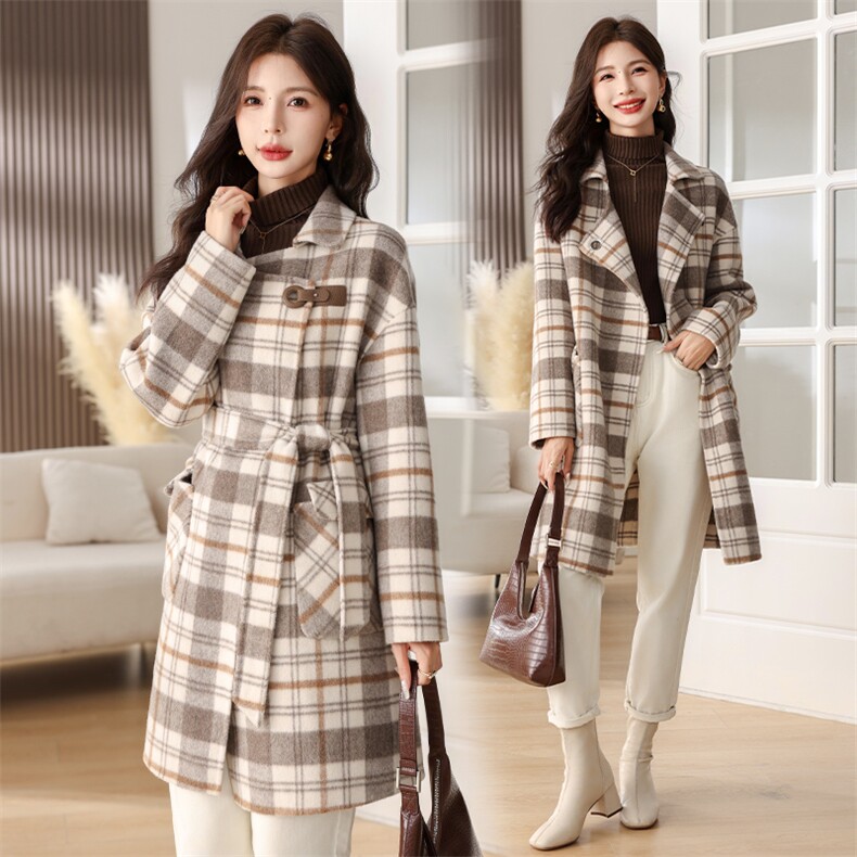 【双面羊绒现货】2023新款现货甜美可爱格子双面羊绒外套70毛，女装双面呢大衣，韩蜜菓