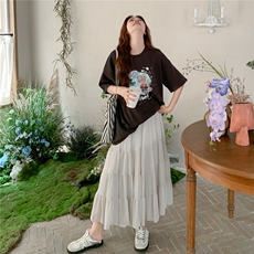 休闲运动卡通T恤半身裙套装女夏2025新款超火减龄穿搭韩系两件套，女装套装/套裙，2C176