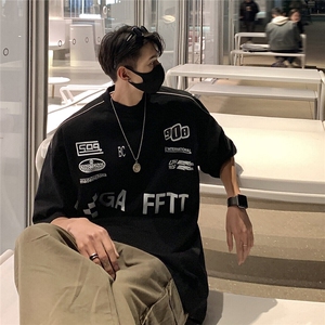 欧美潮牌机车风t恤短袖男款夏季美式高街宽松大码重磅半袖体恤衫图片