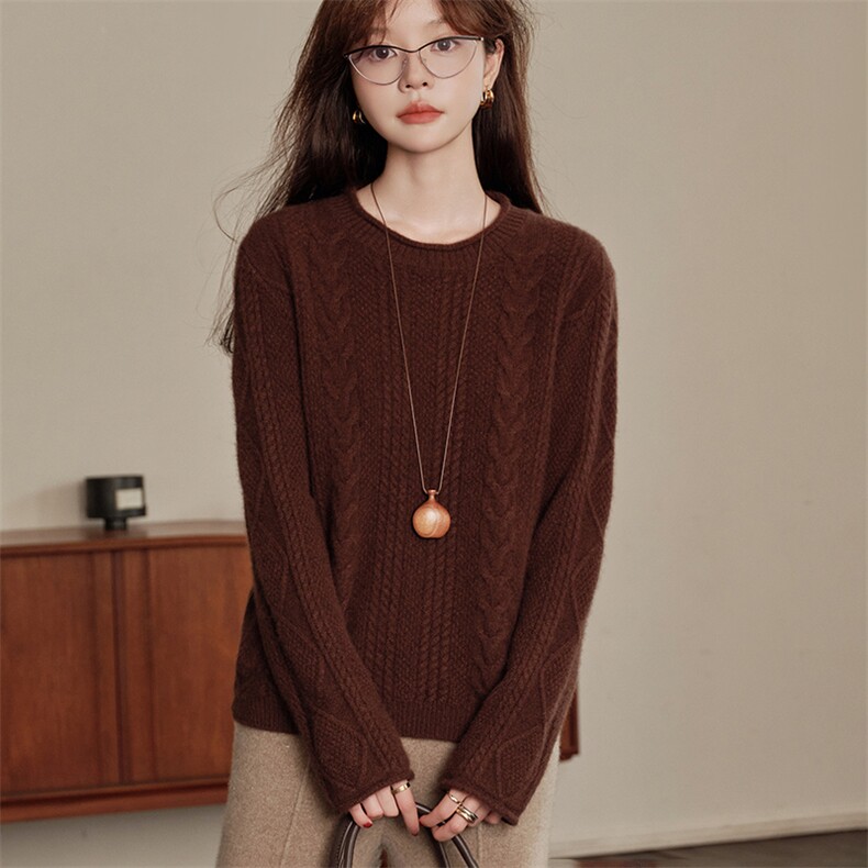 2025春秋新款羊绒衫女100山羊绒圆领纯色绞花针织衫宽松加厚上衣，女装羊绒衫，绒知纯羊绒
