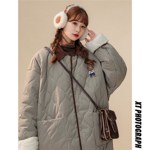 中性风灯芯绒拼接连帽棉衣女假两件小熊棉衣男8713P135控168图片