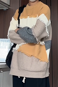 M8165/P75秋冬新款韩系慵懒风宽松设计感拼色个性针织衫女毛衣图片