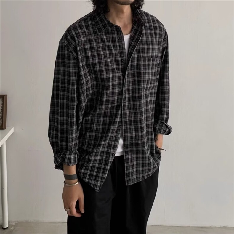 美式复古黑格子长袖衬衫男女春秋季慵懒风宽松休闲垂感衬衣薄外套,男装衬衫,星座1210-1
