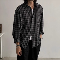 美式复古黑格子长袖衬衫男女春秋季慵懒风宽松休闲垂感衬衣薄外套，男装衬衫，星座1210-1