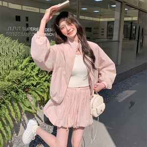 粉色立领防晒外套A字短裙套装女2025年夏季设计感清爽简约两件套图片