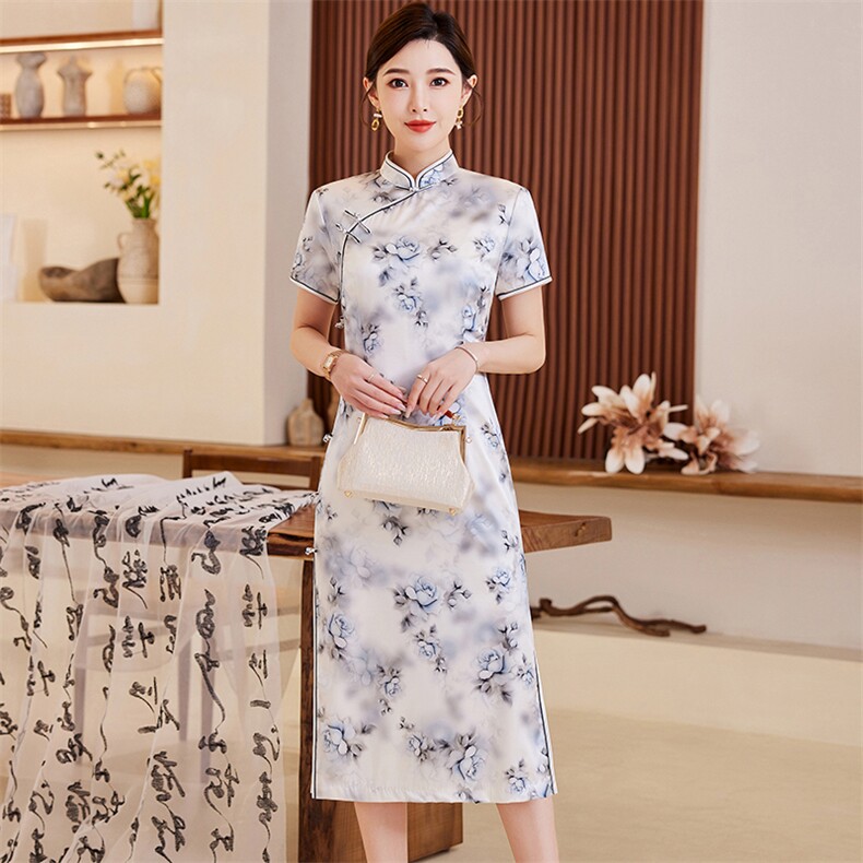 2024夏季新款高奢时尚盘扣中长款专柜品质真丝旗袍日常连衣裙，女装汉服/婚纱/旗袍/礼服，媚琳依坊