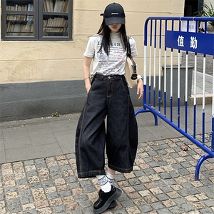 美式复古水洗弯刀牛仔裤男女高街垂感宽松七分阔腿裤子YD702-P65图片