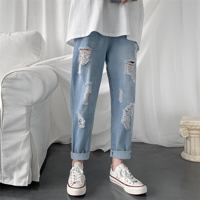新款破洞牛仔裤男宽松学生韩版男生ins阔腿裤男九分裤NK980-P38图片