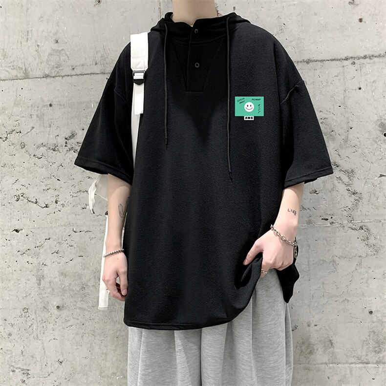 LD54264-P45连帽短袖t恤男大码胖子带帽五分袖中袖大皂风，男装T恤，电商A040