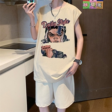 直播品质美式宽松纯棉背心无袖t恤短裤大码两件套套装TZ13-P58，男装T恤，电商A486