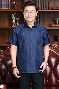 新款男士休闲中老年花纹夏季宽松大码衬衫上衣男装图片