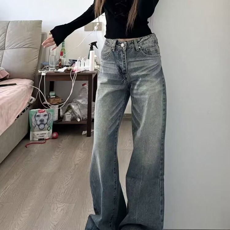 高腰微喇牛仔裤女2026年夏季新款美式辣妹弹力修身显瘦垂感拖地裤,男装牛仔裤,星座218-8