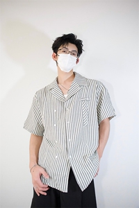 明星私服英伦学院风竖条纹短袖衬衫翻领外套 口袋设计短袖 P40图片