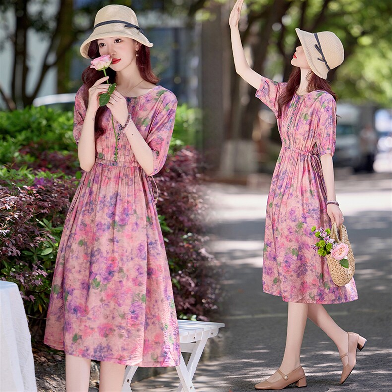 洋气减龄印花棉麻连衣裙女2025夏季高端刺绣气质收腰显瘦短袖裙子，女装连衣裙，魅影