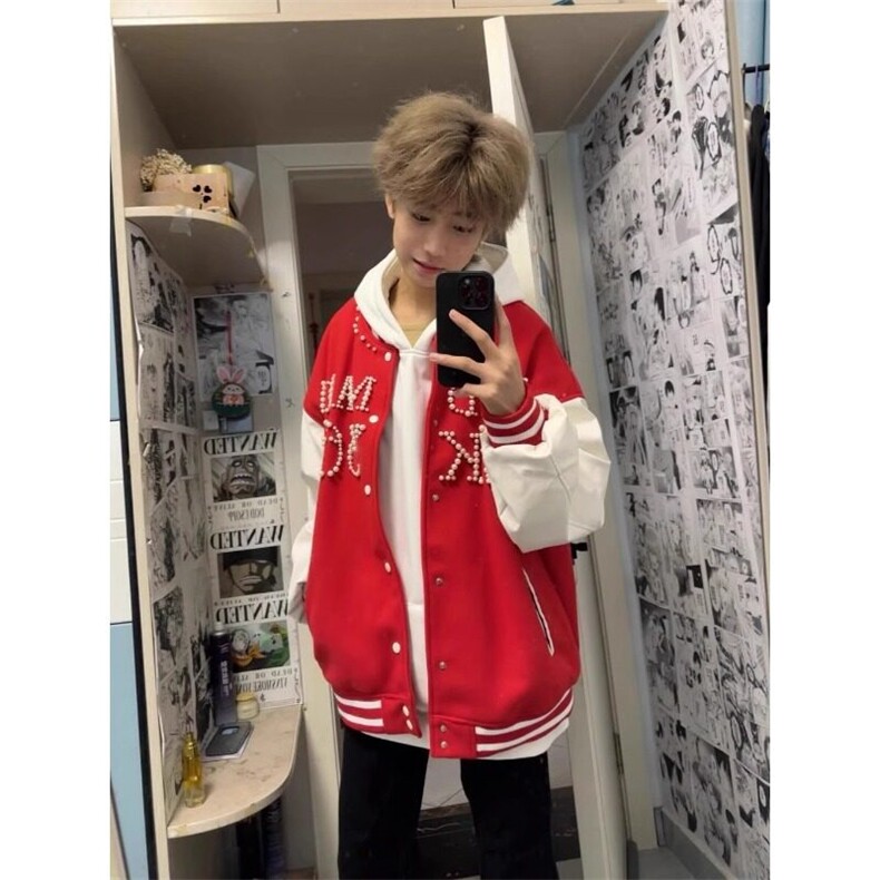 春秋新款钉珠毛呢棒球服美式复古潮牌嘻哈学生外套宽松夹克男女,男装夹克,星座601-1